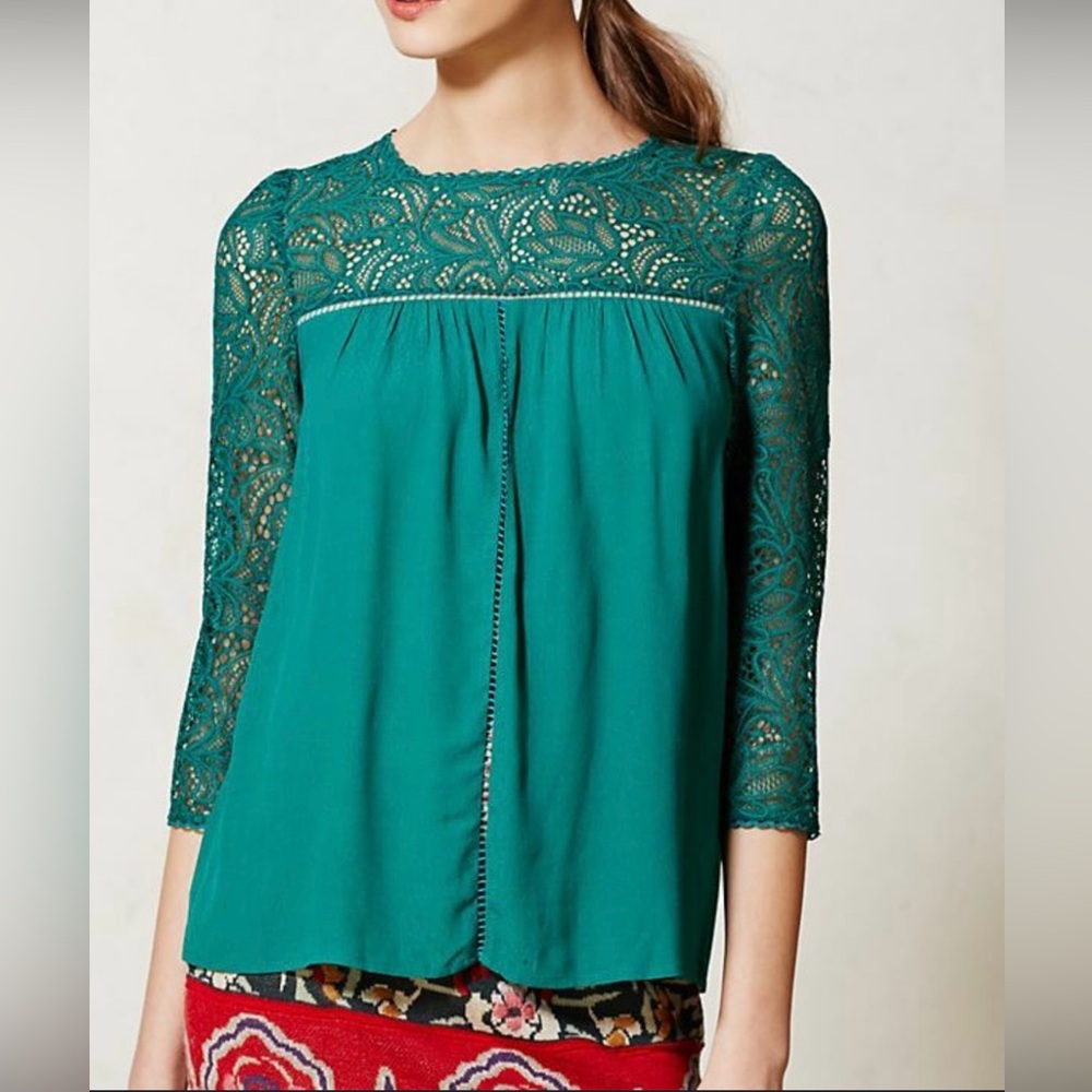 Moulinette Soeurs Anthropologie Lace Blouse 3/4 Sleeve - Green Sz. 10